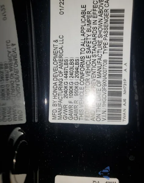 2022 Honda Accord Touring Hybrid from USA, damaged, VIN 1HGCV3F9XNA007708